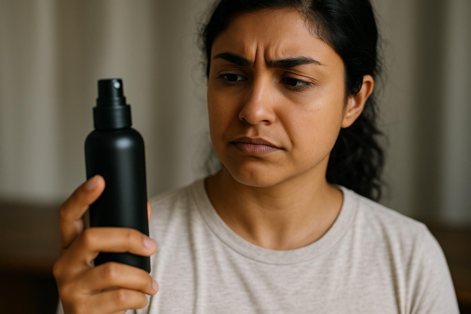 A person looking thoughtfully at a bottle of magnesium spray, symbolizing the need for evidence on its effectiveness.