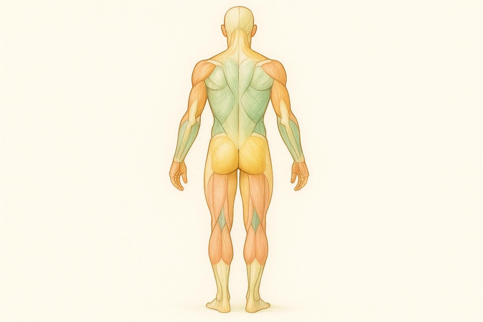 A stylized anatomical chart depicting the major muscles on the back of the human body, with muscles colored in shades of green, orange, and yellow.