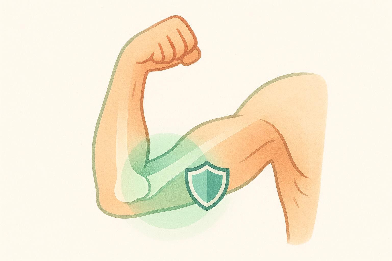 An illustration of a bent arm, with a glowing green shield symbolizing protection over the elbow joint, suggesting joint injury prevention or strength.