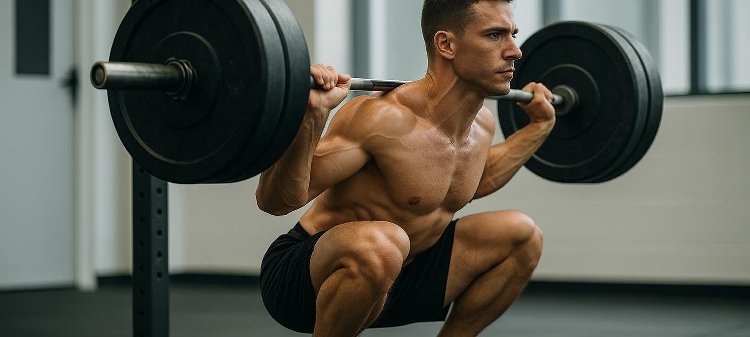 A muscular man performing a heavy barbell back squat in a gym, demonstrating good form with the bar across his upper back and his body in a deep squat position.