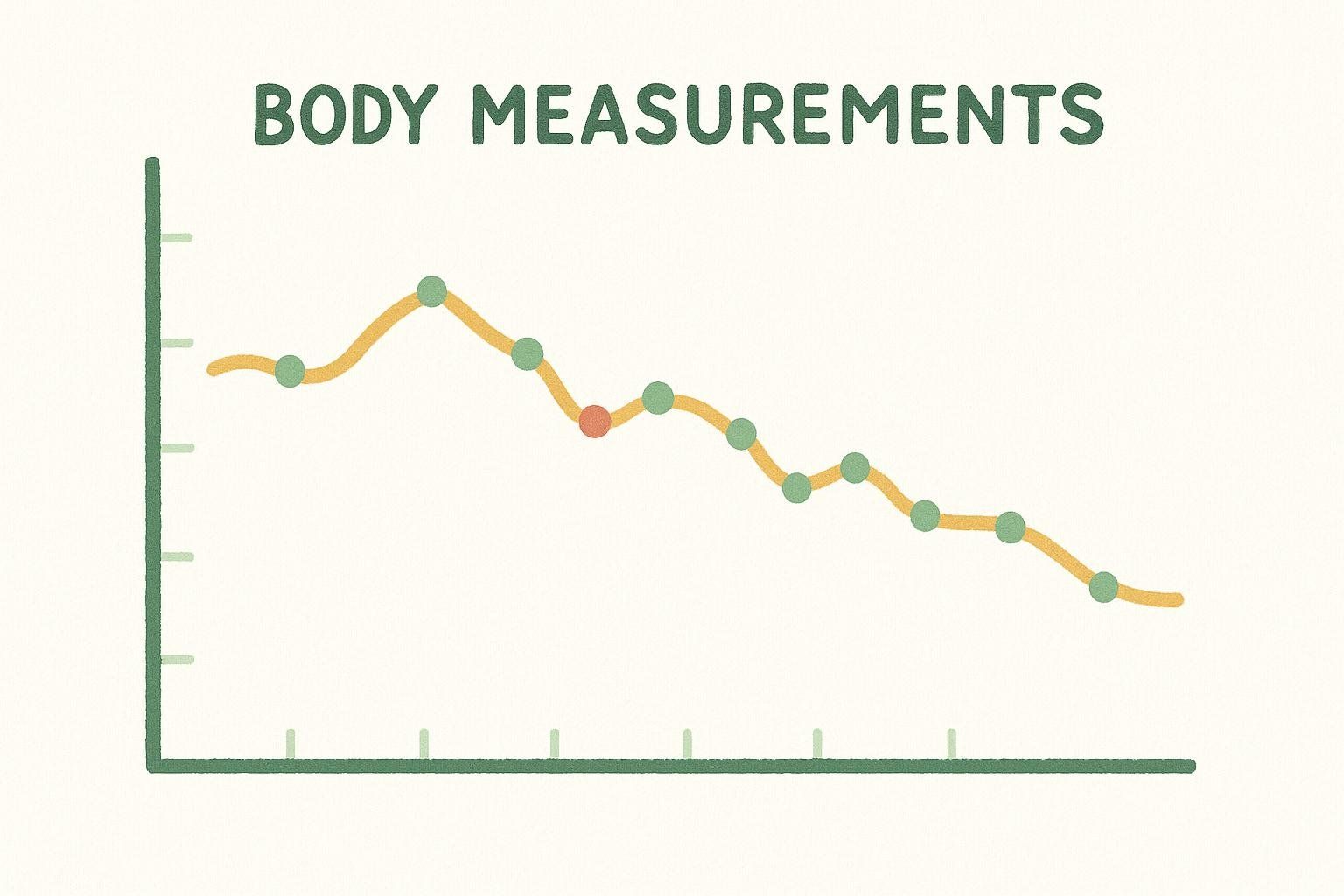 A line graph showing fluctuating body measurements decreasing over time, with points marked.