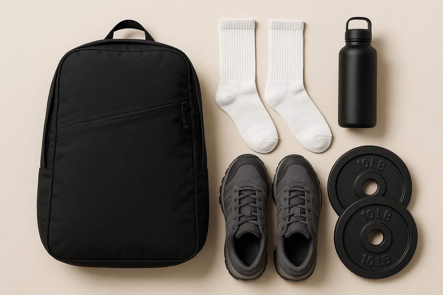 Flat lay of essential rucking gear, including a black backpack, grey walking shoes, white socks, a black water bottle, and two 10lb weight plates.