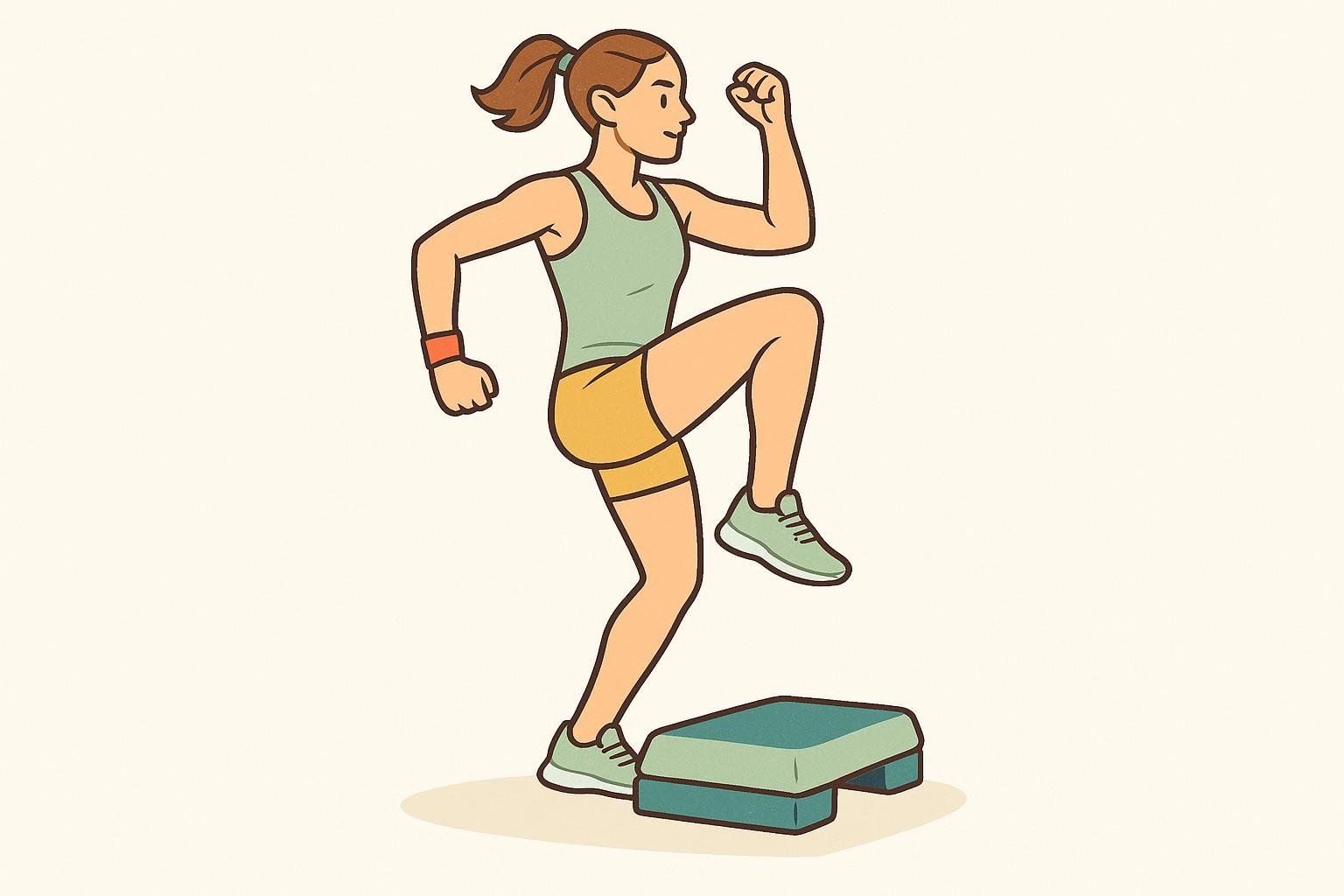 An illustration of a woman in activewear performing a step touch exercise with a knee raise, one foot on a step and the other knee lifted.