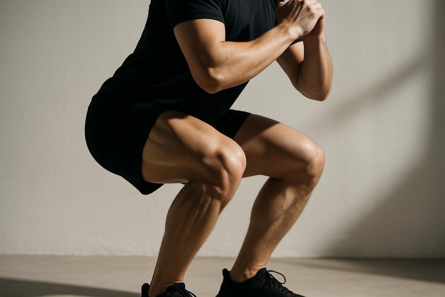 A person performing the downward phase of a squat, an eccentric action that can cause muscle soreness.