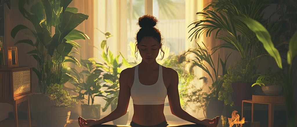 A woman meditates in a sun-drenched room surrounded by various healthy plants, creating a peaceful and serene atmosphere. She is in the lotus position with her eyes closed.
