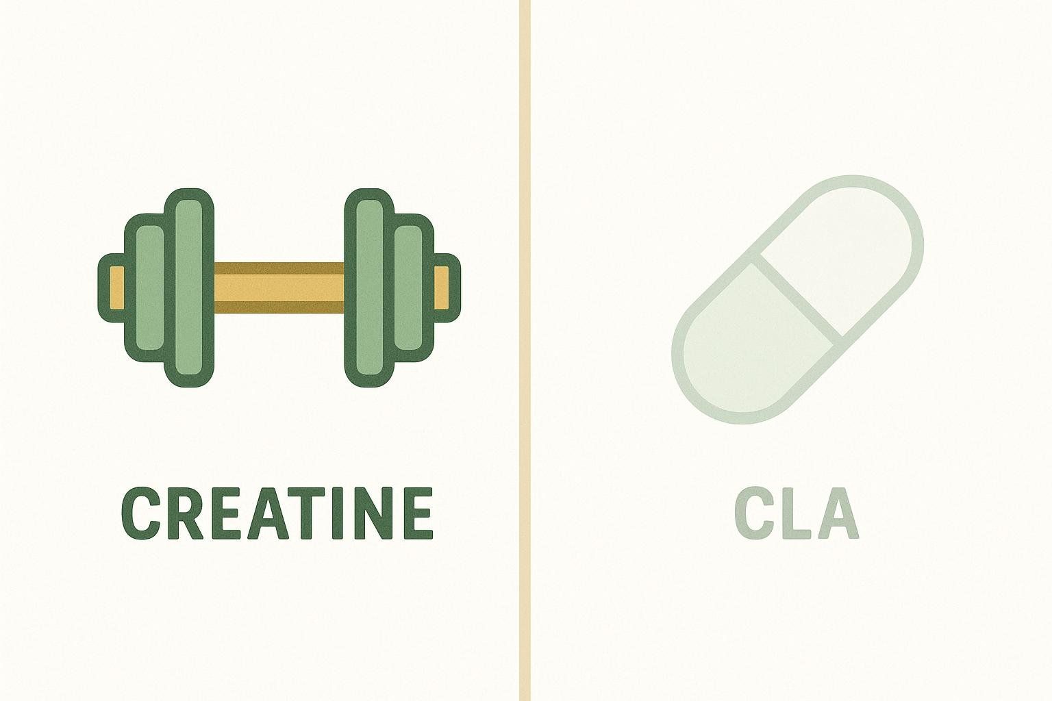 A split image visually comparing the evidence for Creatine and CLA. On the left, a bold green dumbbell icon is above the word 'CREATINE', indicating strong evidence. On the right, a faint grey pill icon is above the word 'CLA', suggesting weaker evidence.