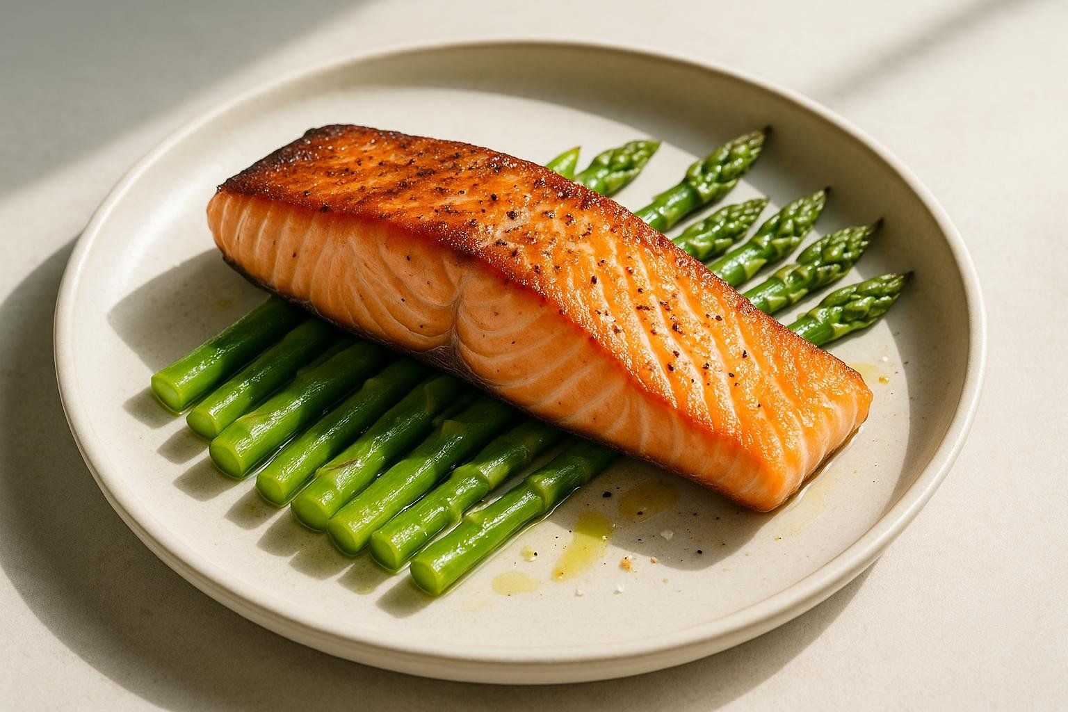 A healthy meal of salmon and asparagus, representing a high-protein food source for muscle retention during a shred.