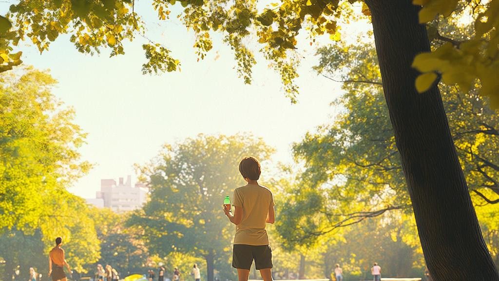 A person stands in a sunny park holding a green bottle, looking towards trees and a building in the distance.