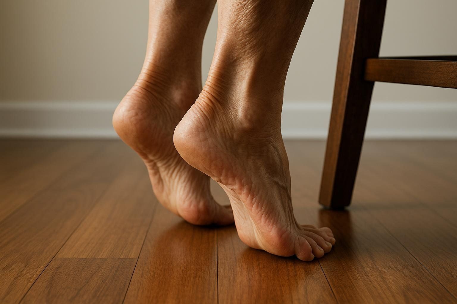 Close-up on the ankles and feet of someone doing a heel raise to strengthen calf muscles for better balance.