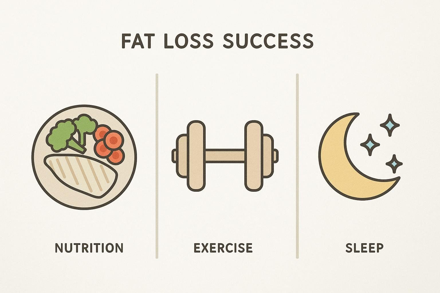 An illustration outlining the three keys to fat loss success: nutrition represented by a plate of healthy food, exercise represented by a dumbbell, and sleep represented by a crescent moon and stars.