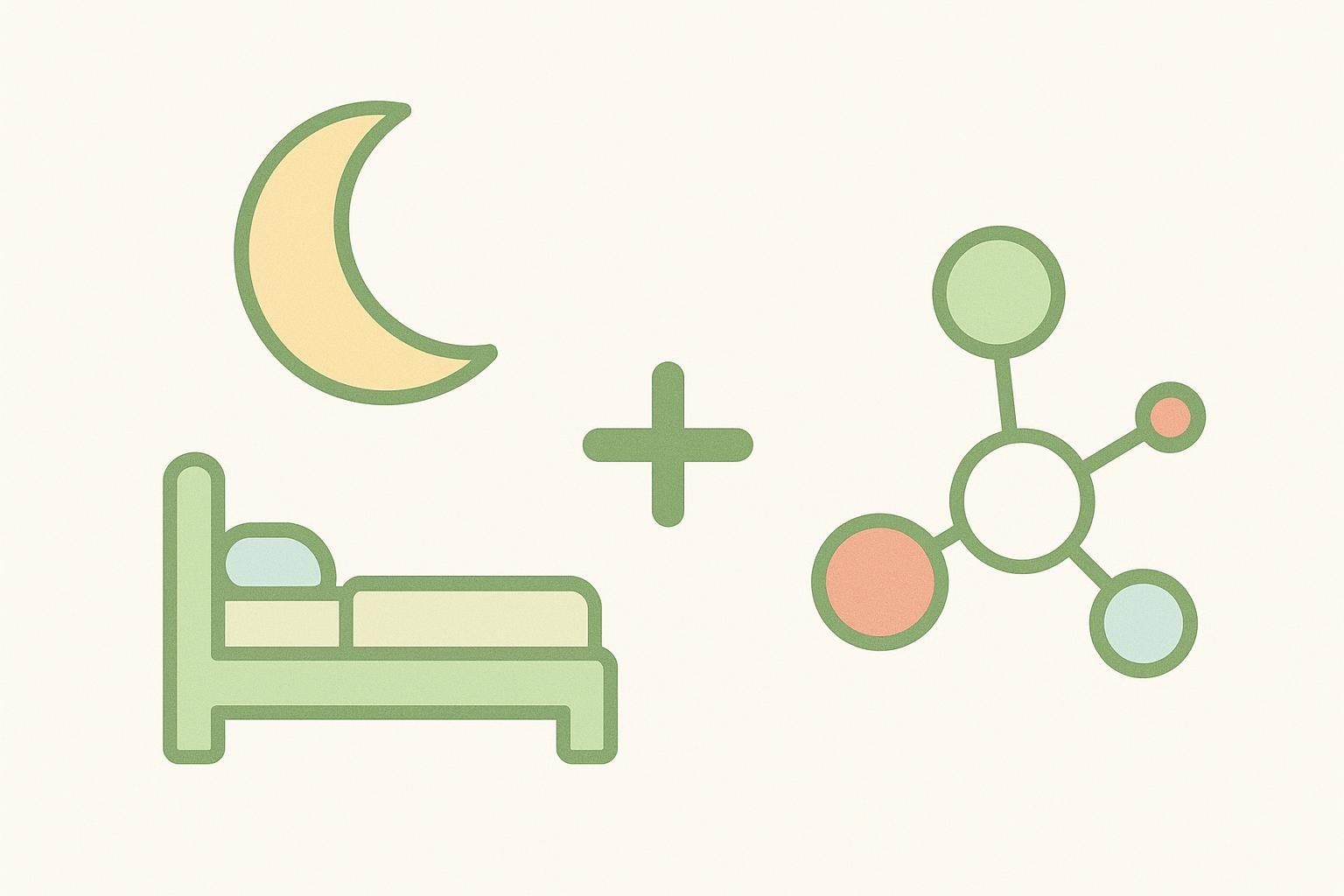 An icon showing a crescent moon above a bed, a plus sign, and a molecule, representing that sleep combined with protein aids muscle recovery.