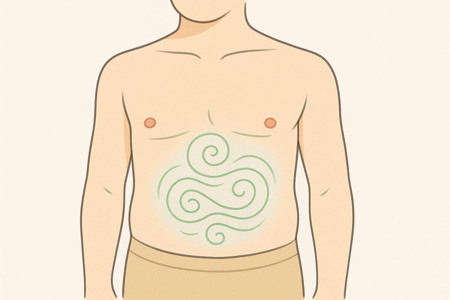 An illustration of a torso with green swirling lines over the stomach area, representing mild and temporary side effects like gas or bloating.