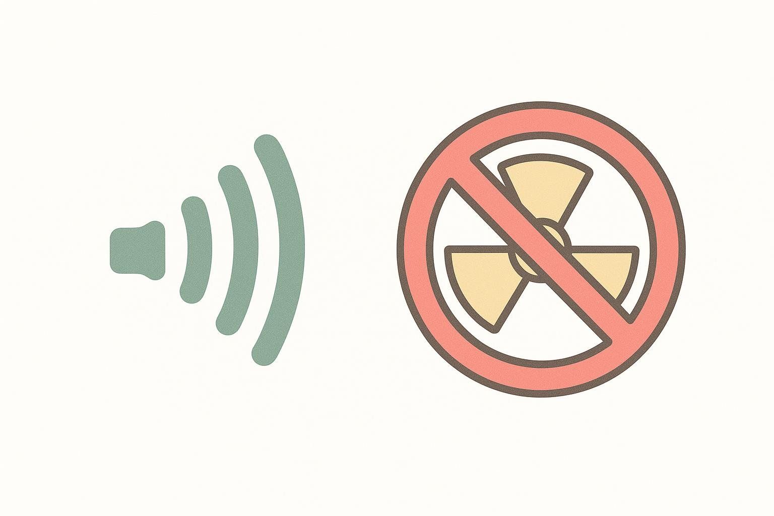 A simple graphic showing a sound wave symbol next to a crossed-out nuclear radiation symbol, indicating that ultrasound is radiation-free.
