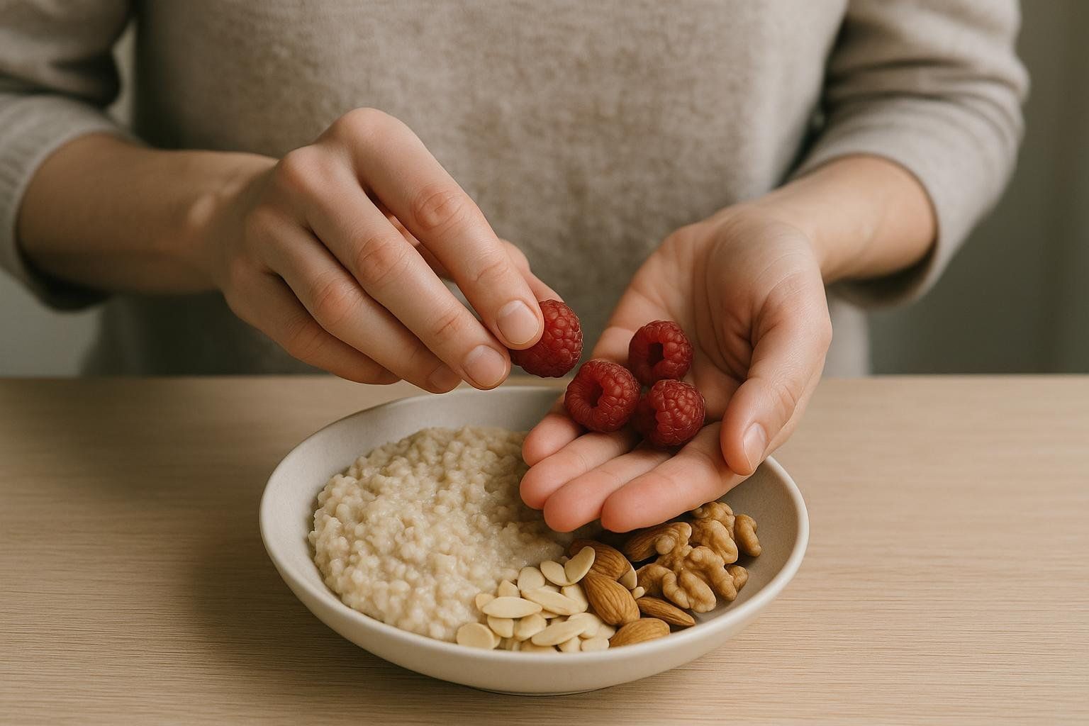 Close-up of hands adding fresh raspberries to a bowl of oatmeal. The bowl also contains almonds and walnuts, creating a healthy and fiber-rich meal.