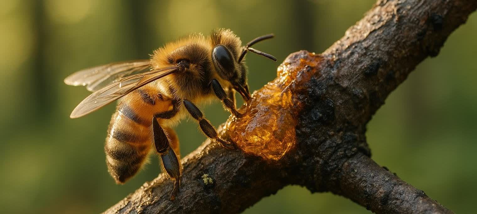 A close-up of a honeybee gathering golden, sticky resin from a tree branch to produce propolis. The bee's fuzzy body and delicate wings are clearly visible as it works.