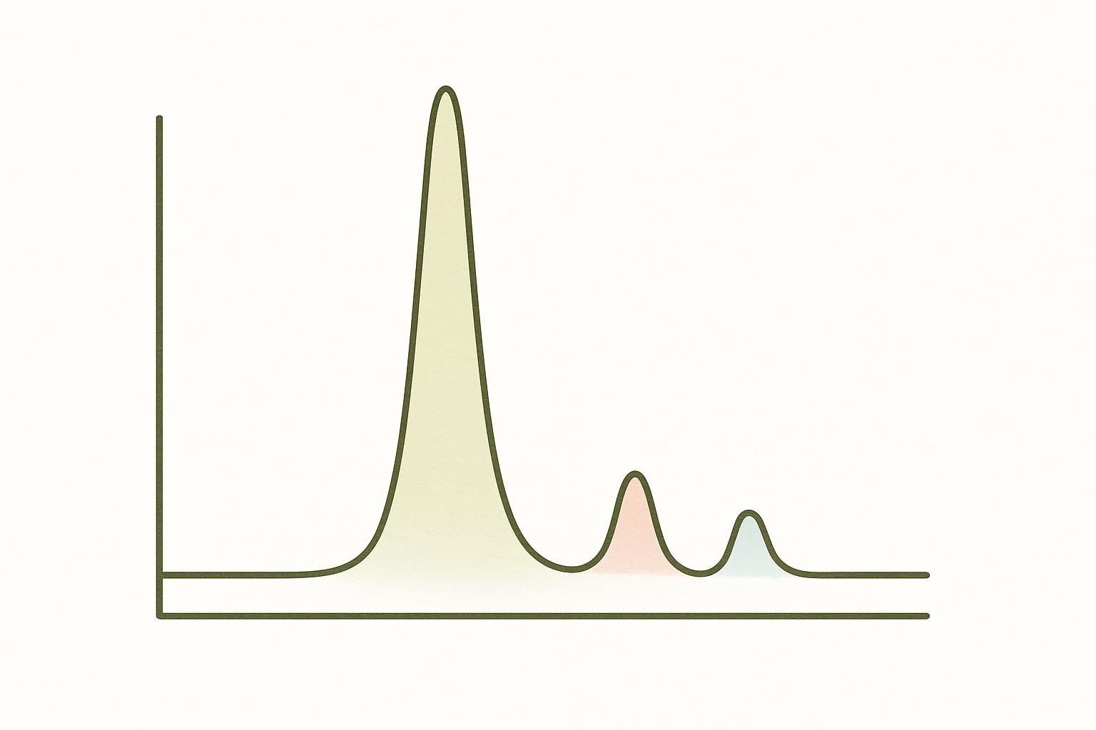 A simple graph illustrating a high-purity HPLC chromatogram with one large, dominant peak, and two smaller impurity peaks colored in light red and light blue.