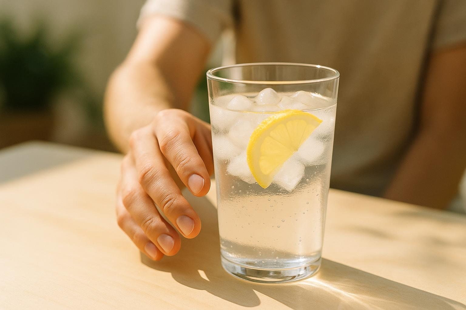 A hand reaching for a refreshing glass of water, illustrating the importance of hydration for gut health.