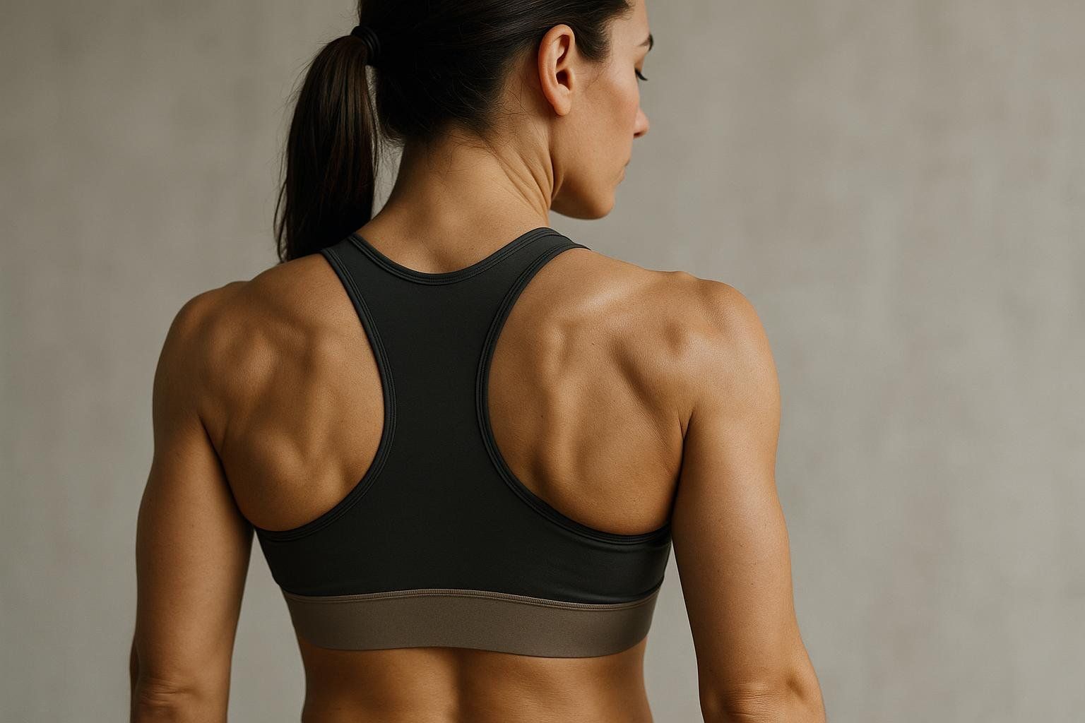 A close-up, rear view of a fit woman wearing a dark sports bra, showcasing her well-defined upper back and shoulder muscles. Her hair is tied back in a ponytail.