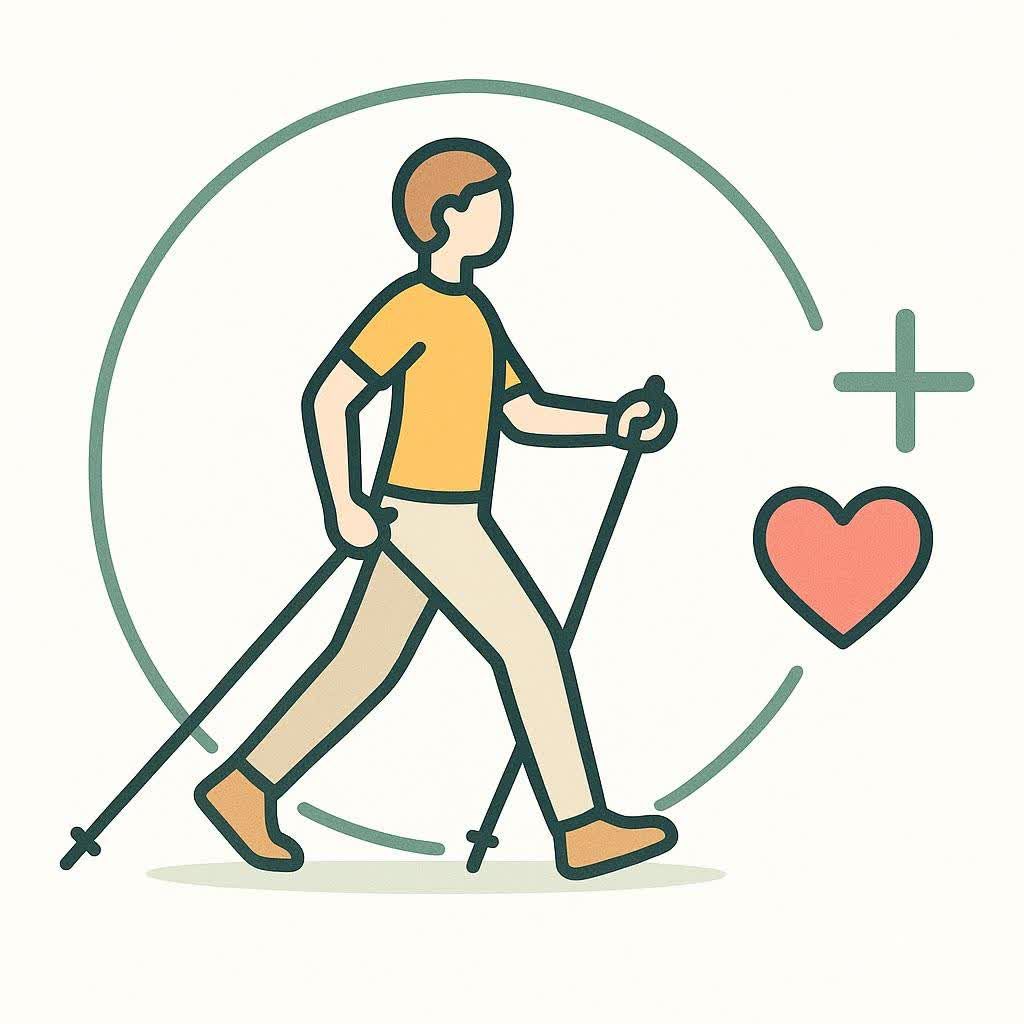 A simple icon of a person Nordic walking, with a heart and plus symbol to represent its health benefits.