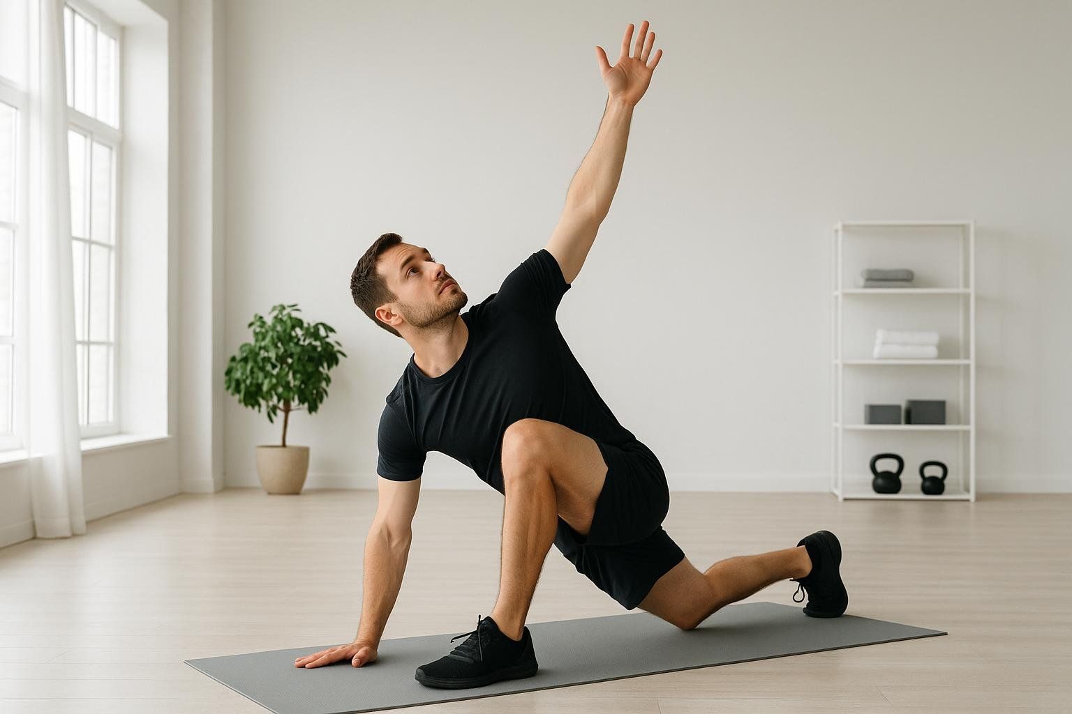 A man in black athletic wear performs the rotational part of the World's Greatest Stretch on a gray yoga mat in a brightly lit room with white walls, a large window, and a green plant in the background. His left arm is extended upwards and his right hand is on the mat.