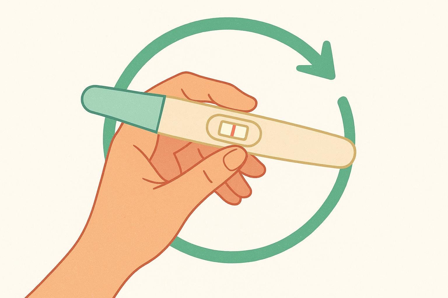 An illustration of a hand holding a negative pregnancy test, shown by a single red line, with a looping green arrow around it, symbolizing monthly testing.