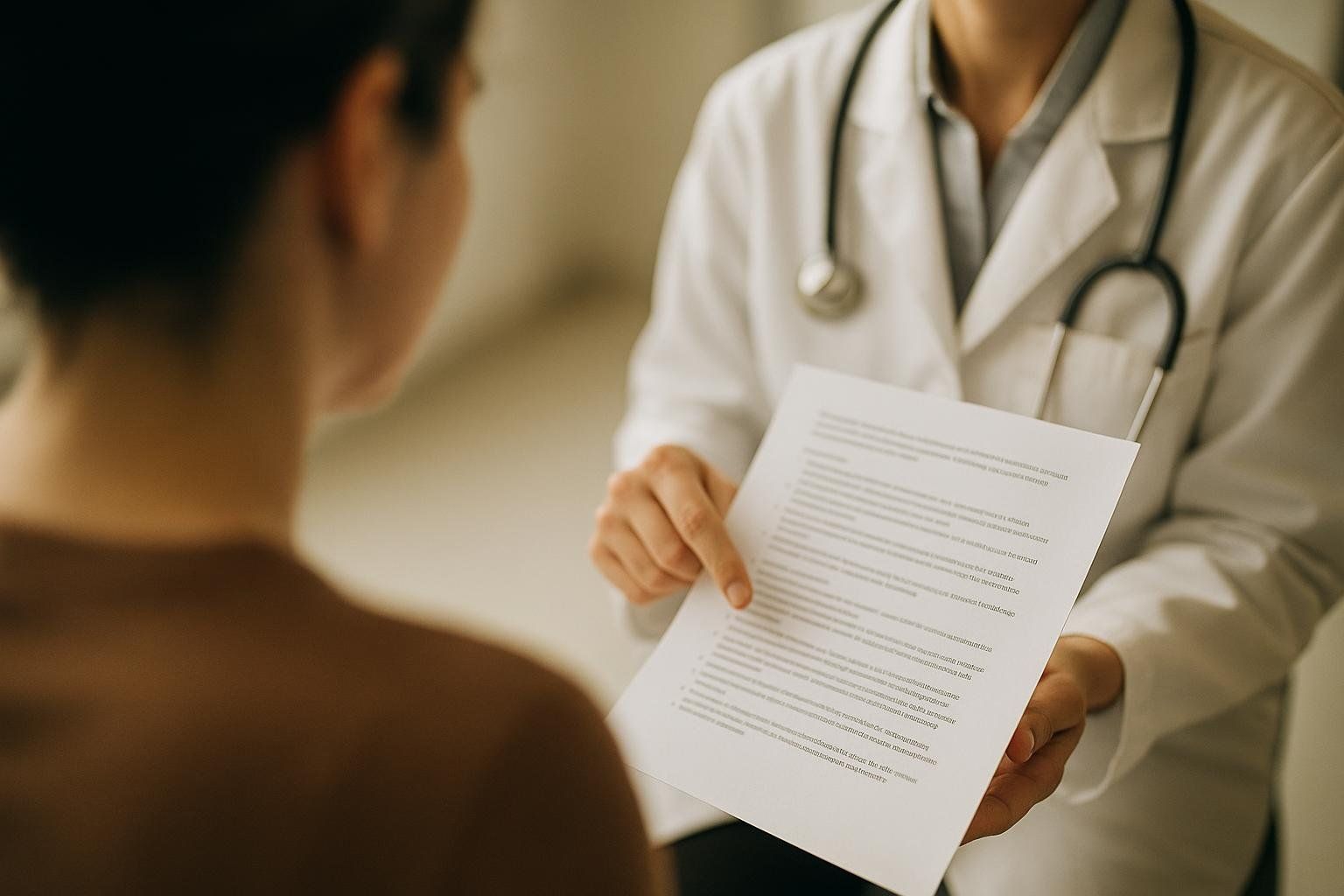 A clinician in a white coat and stethoscope holds a document, pointing to it while seemingly discussing treatment options or information with a patient, whose back is to the viewer.