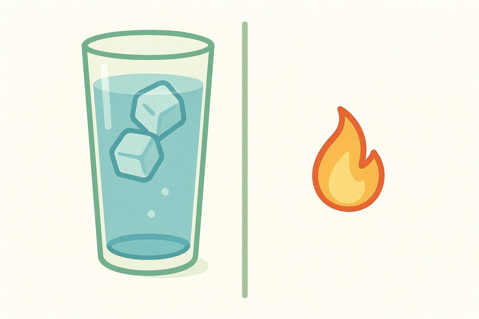 A stylized illustration showing a glass of ice water next to a small flame emoji. It visually represents that drinking ice water burns a minimal amount of calories.