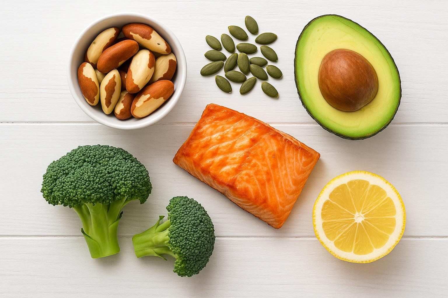 A flat lay of healthy foods like Brazil nuts, salmon, and seeds, which are good sources of selenium and zinc for thyroid health.