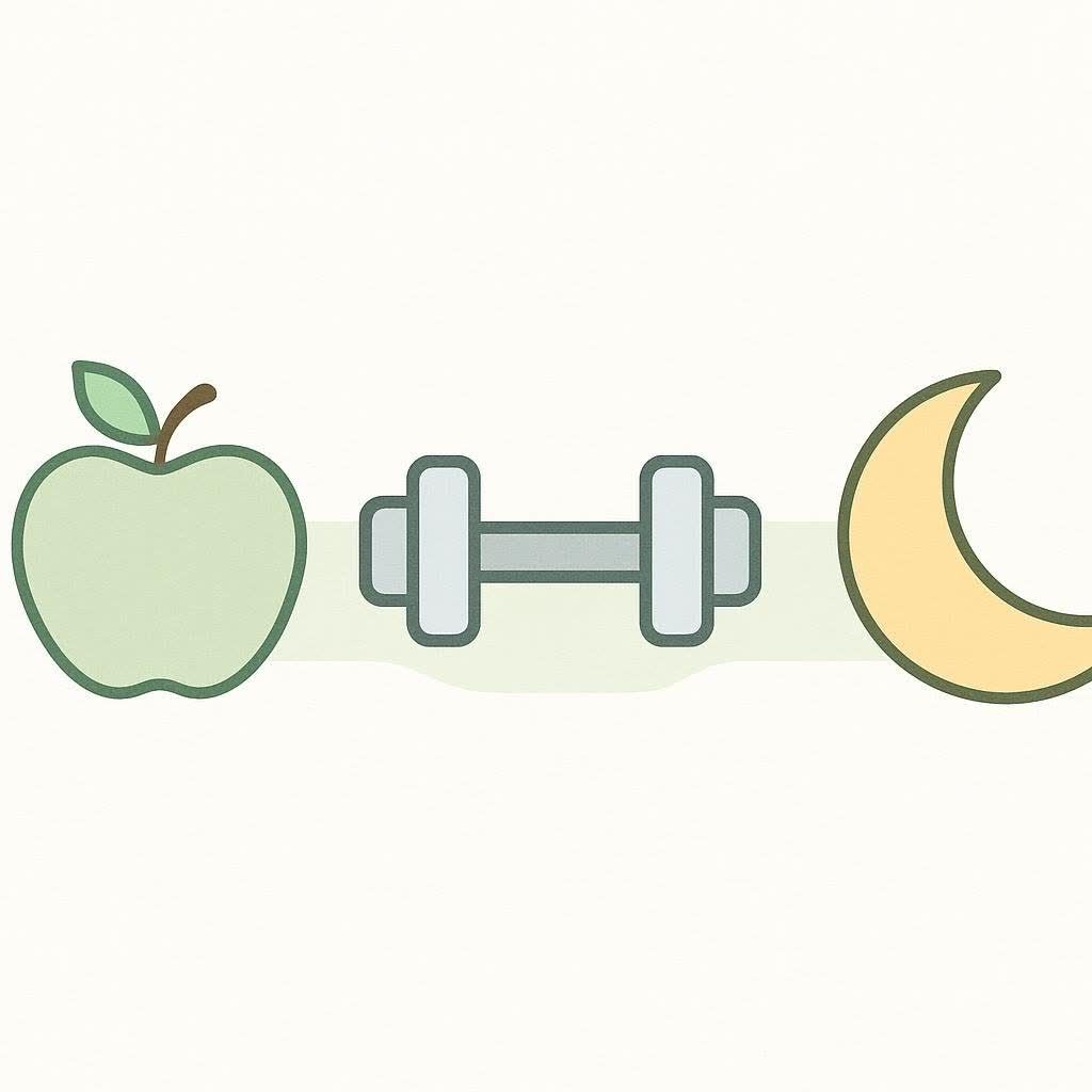 Icons of a green apple, a dumbbell, and a crescent moon on a white background representing a balanced lifestyle.