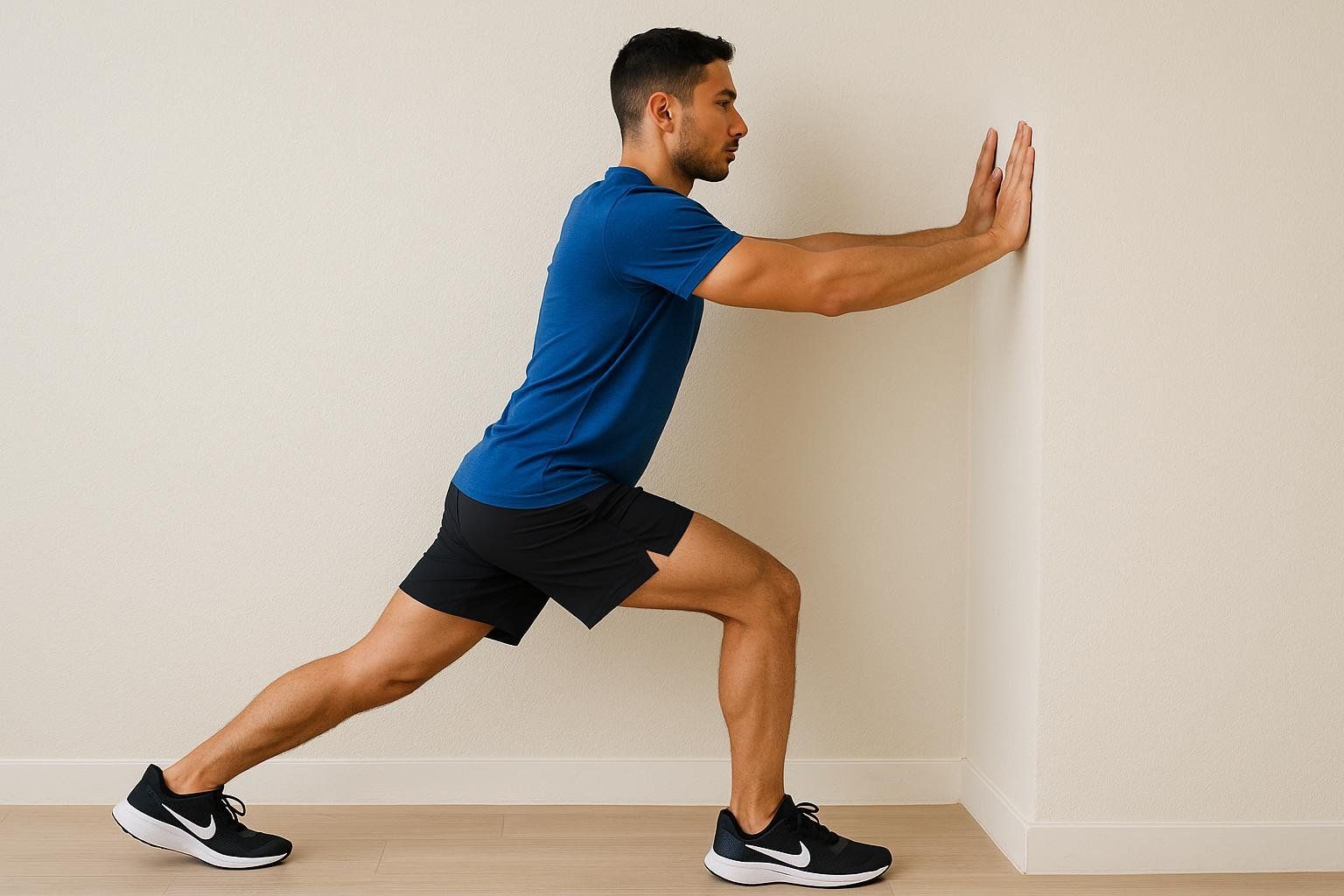 A man in a blue shirt and black shorts demonstrates a wall calf stretch, pushing against a wall with his hands and extending one leg back with his heel planted to stretch his lower leg.