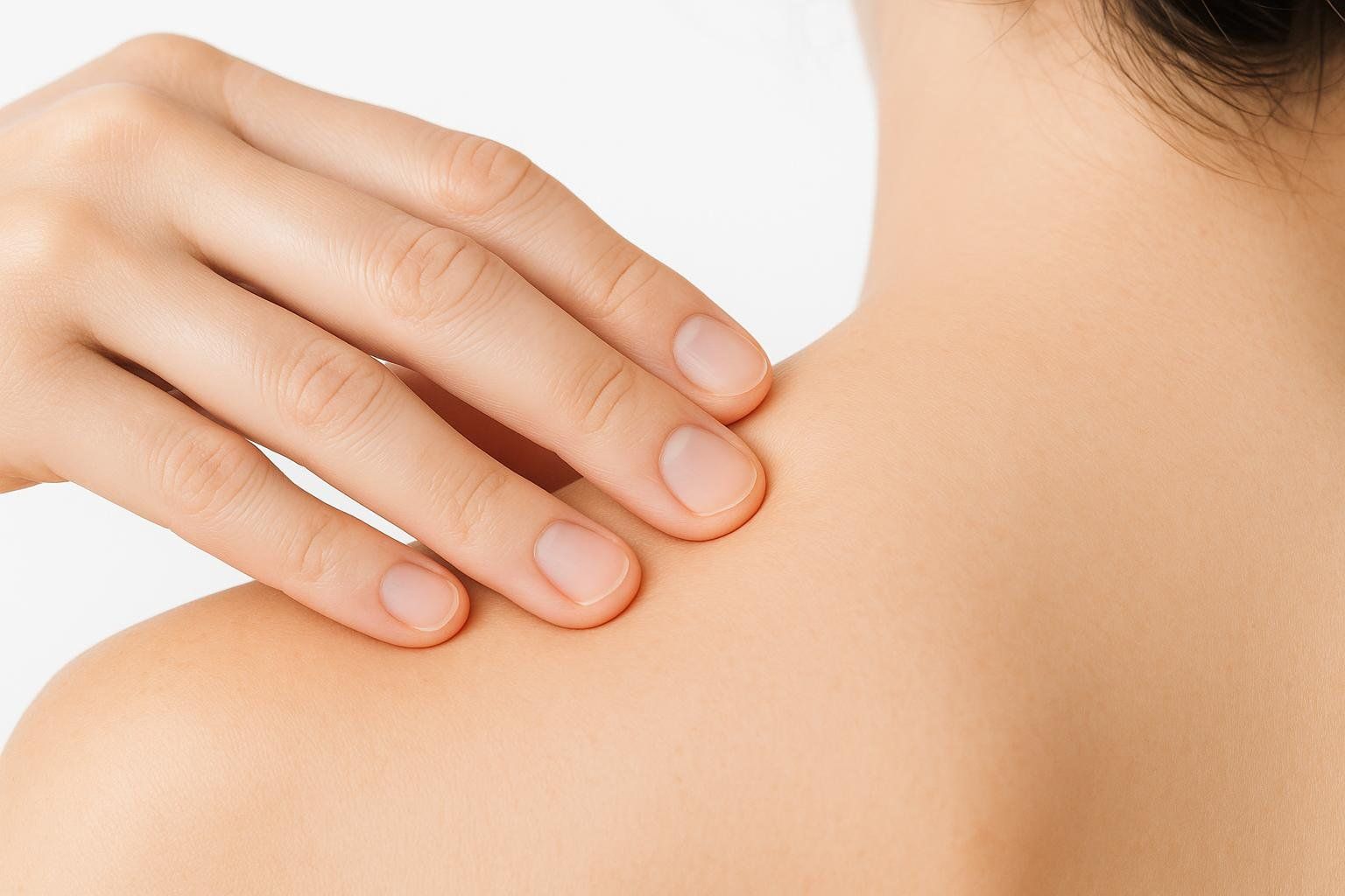 Demonstration of how to find a muscle knot by pressing two fingers into the upper shoulder muscle.