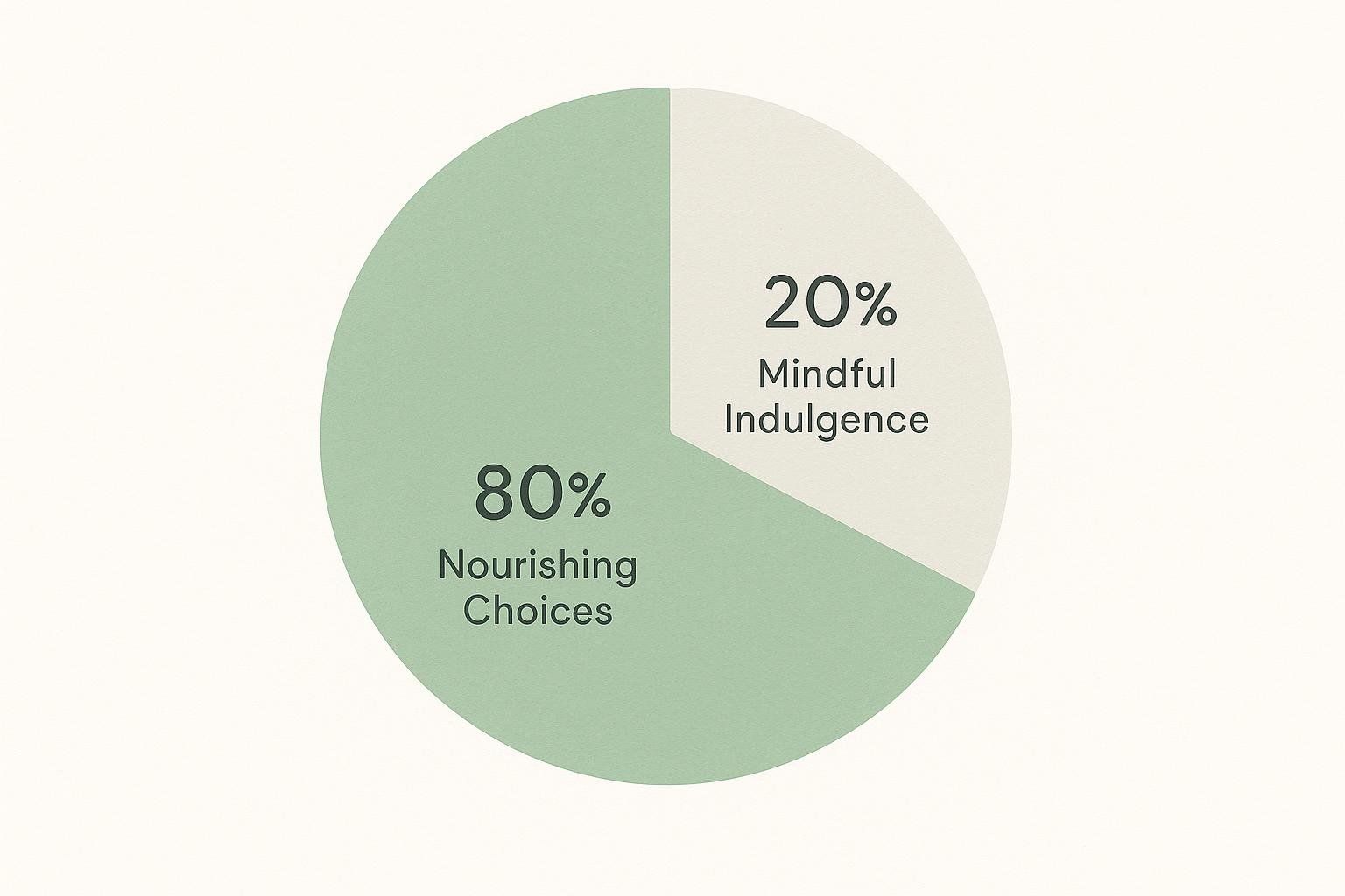 A pie chart illustrating the 80/20 rule for dieting. The larger, green section, representing 80%, is labeled "Nourishing Choices." The smaller, cream-colored section, representing 20%, is labeled "Mindful Indulgence."