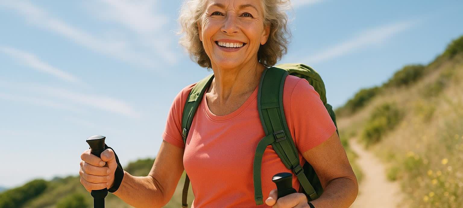 A healthy, active woman in her late 60s, a demographic that should consider DEXA screening for osteoporosis.
