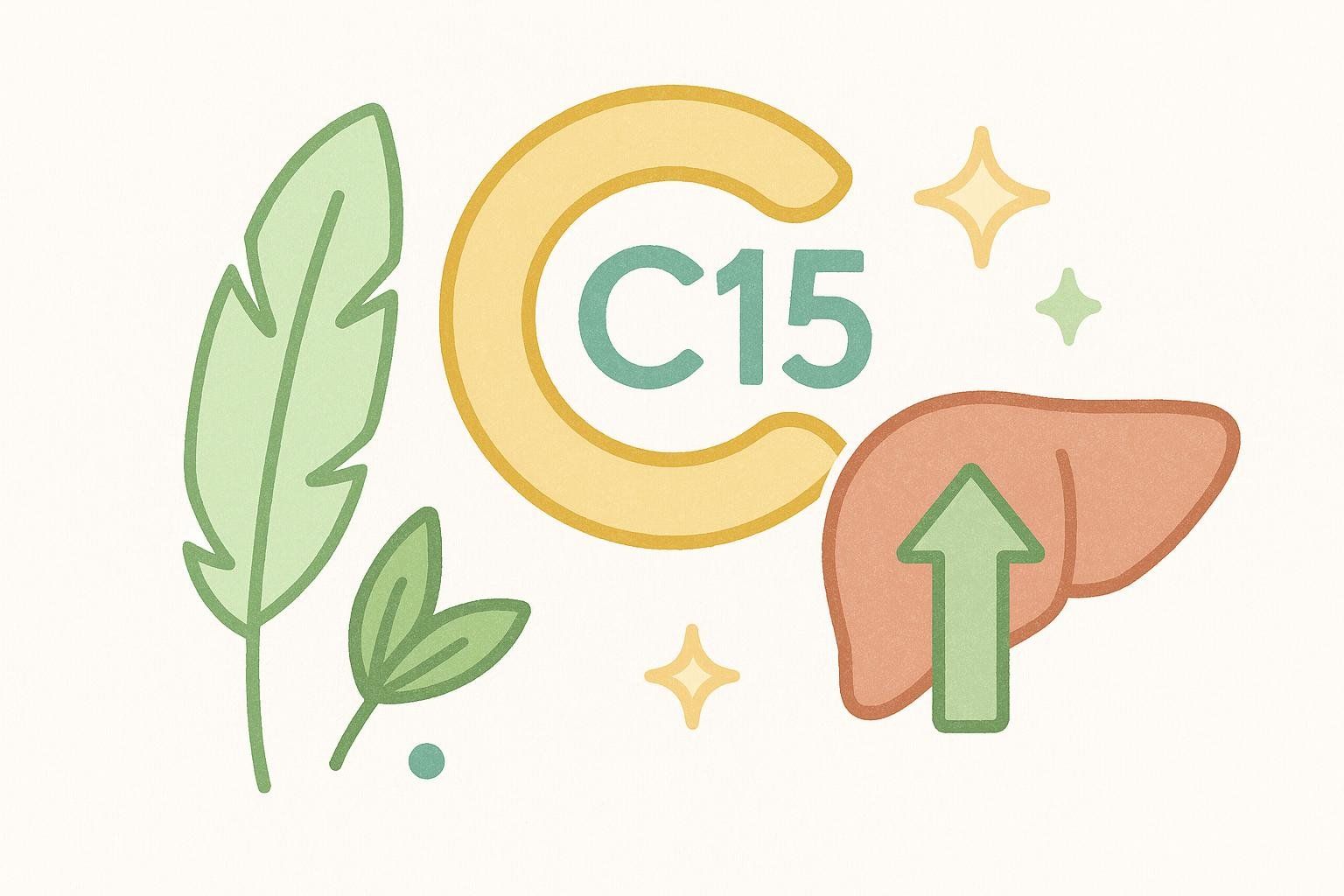 Illustrated icons representing the benefits of C15, including a plant for low-calorie, leaves for essential fatty acid, and a liver with an upward arrow for liver benefits.
