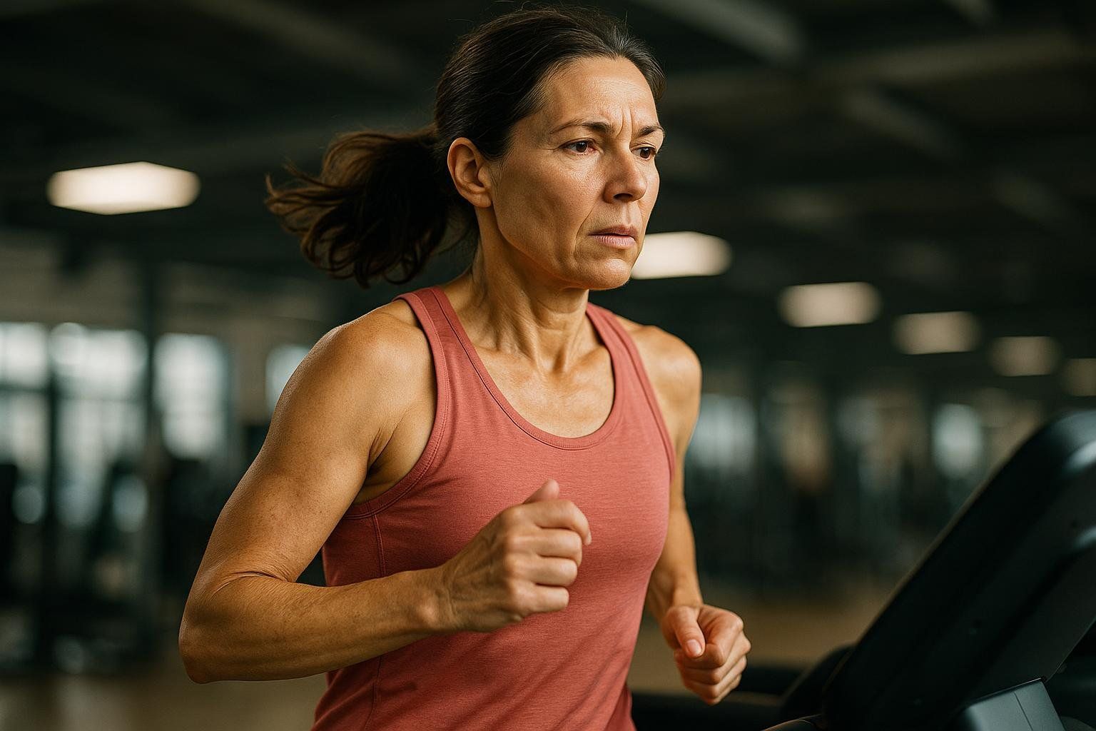 A focused woman with a determined expression runs on a treadmill during a tempo workout in a gym. Her brow is furrowed, and her arms are bent as she maintains a steady pace.