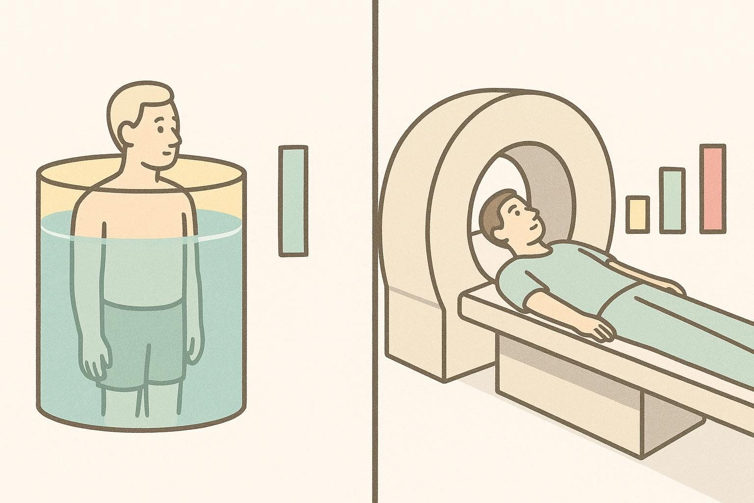 An illustration comparing hydrostatic weighing and DEXA. On the left, a person stands in a large tube of water with a single bar graph beside it, indicating one data point. On the right, a person lies inside a DEXA scan machine with multiple bar graphs, indicating several data points.