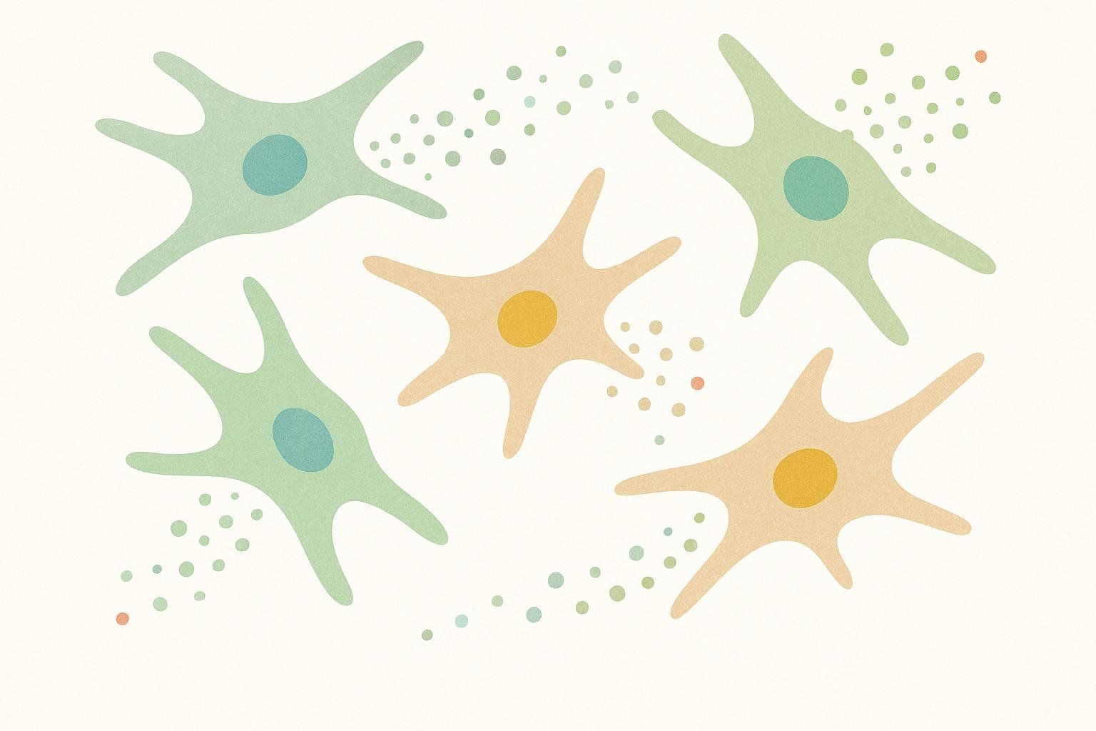An abstract illustration depicting several star-shaped fibroblast cells, some light green with teal centers and others tan with yellow centers. Small green, blue, and tan dots are scattered around the cells, symbolizing collagen production.