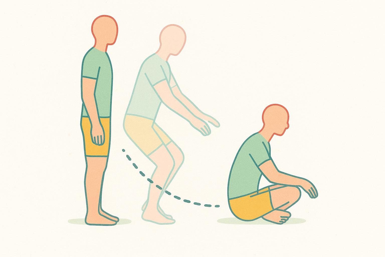 An illustration showing three steps of a person starting from standing, squatting, and then sitting cross-legged on the floor, demonstrating the lowering phase of the sitting-rising test.
