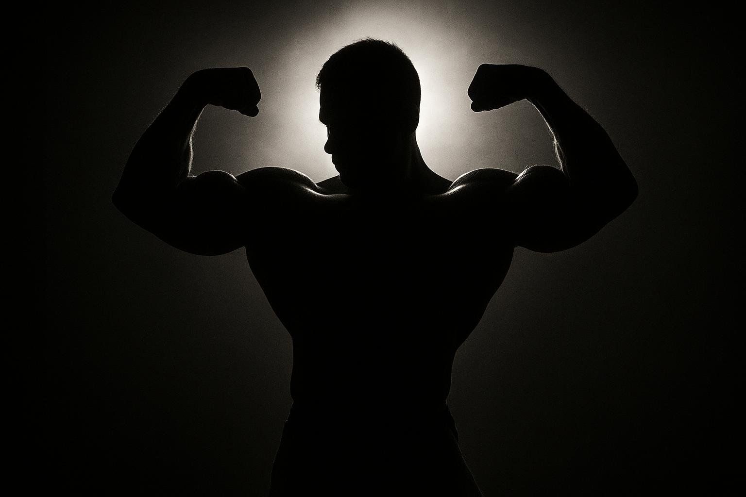 A silhouette of a bodybuilder practicing a pose against a spotlight, highlighting their form.