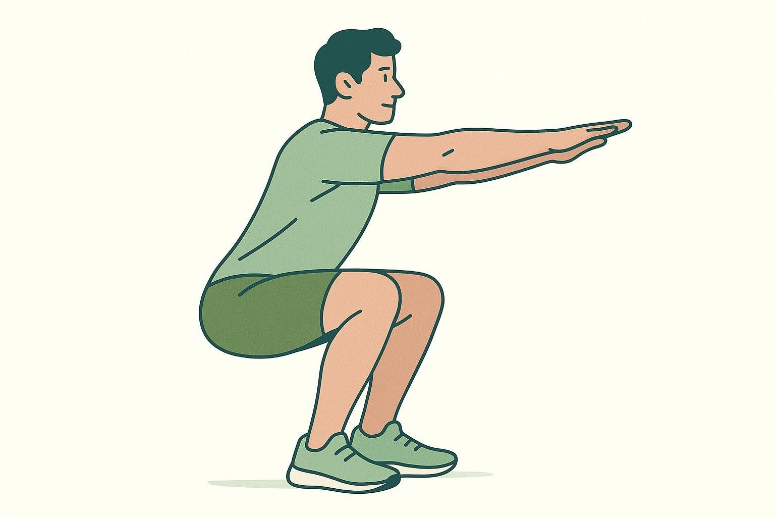 Illustration of a man doing a bodyweight squat. He is wearing a green shirt and shorts, with green sneakers. He is looking to the right with his arms extended forward.