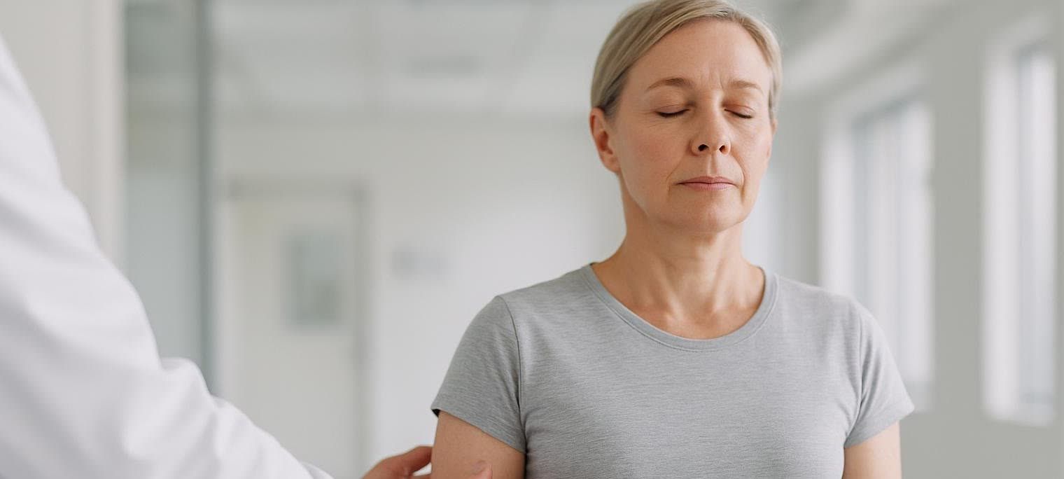 A clinician carefully guards a patient during a Romberg balance test, demonstrating the safety precautions taken during the procedure. The patient, a woman with blonde hair, stands with her eyes closed while a doctor in a white coat stands next to her, ready to support if needed.