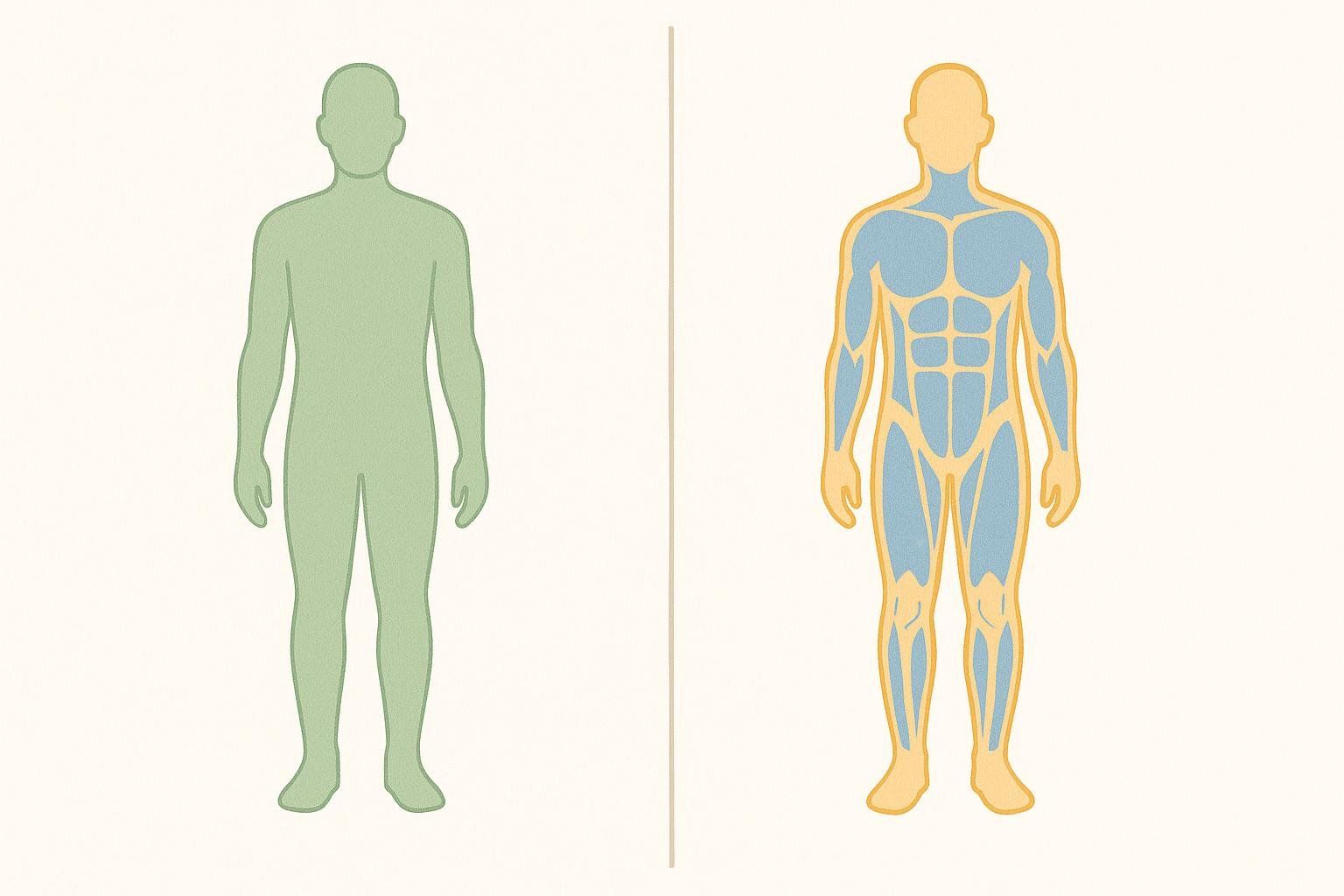 A diagram comparing a simple green human silhouette to a detailed human silhouette showing blue muscle areas outlined in yellow, illustrating the difference between overall weight and body composition.