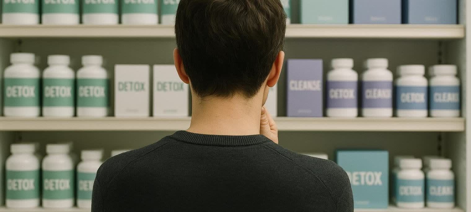A person stands with their back to the viewer, looking at shelves filled with bottles and boxes labeled "DETOX" and "CLEANSE" in a store aisle. The person appears to be contemplating the products.