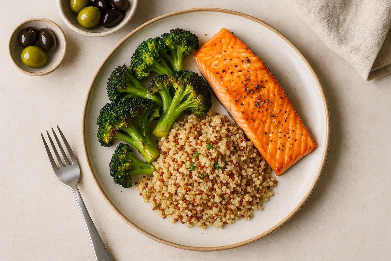 A top-down view of a healthy Mediterranean meal with a baked salmon fillet, quinoa, and roasted broccoli florets on a white plate. Two small bowls of green and black olives are in the background.