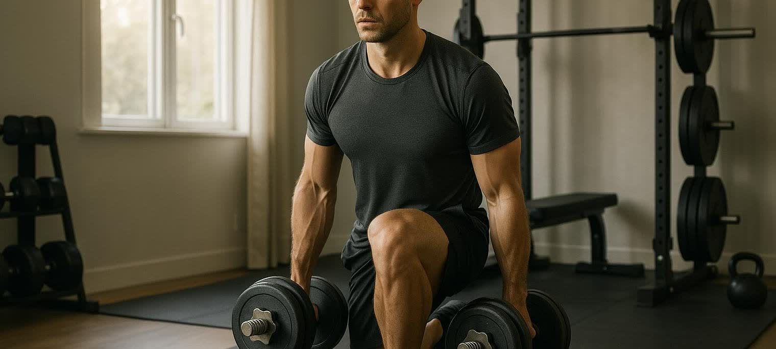 A focused athlete holds two dumbbells in a home gym during a workout, illuminated by light from a window.