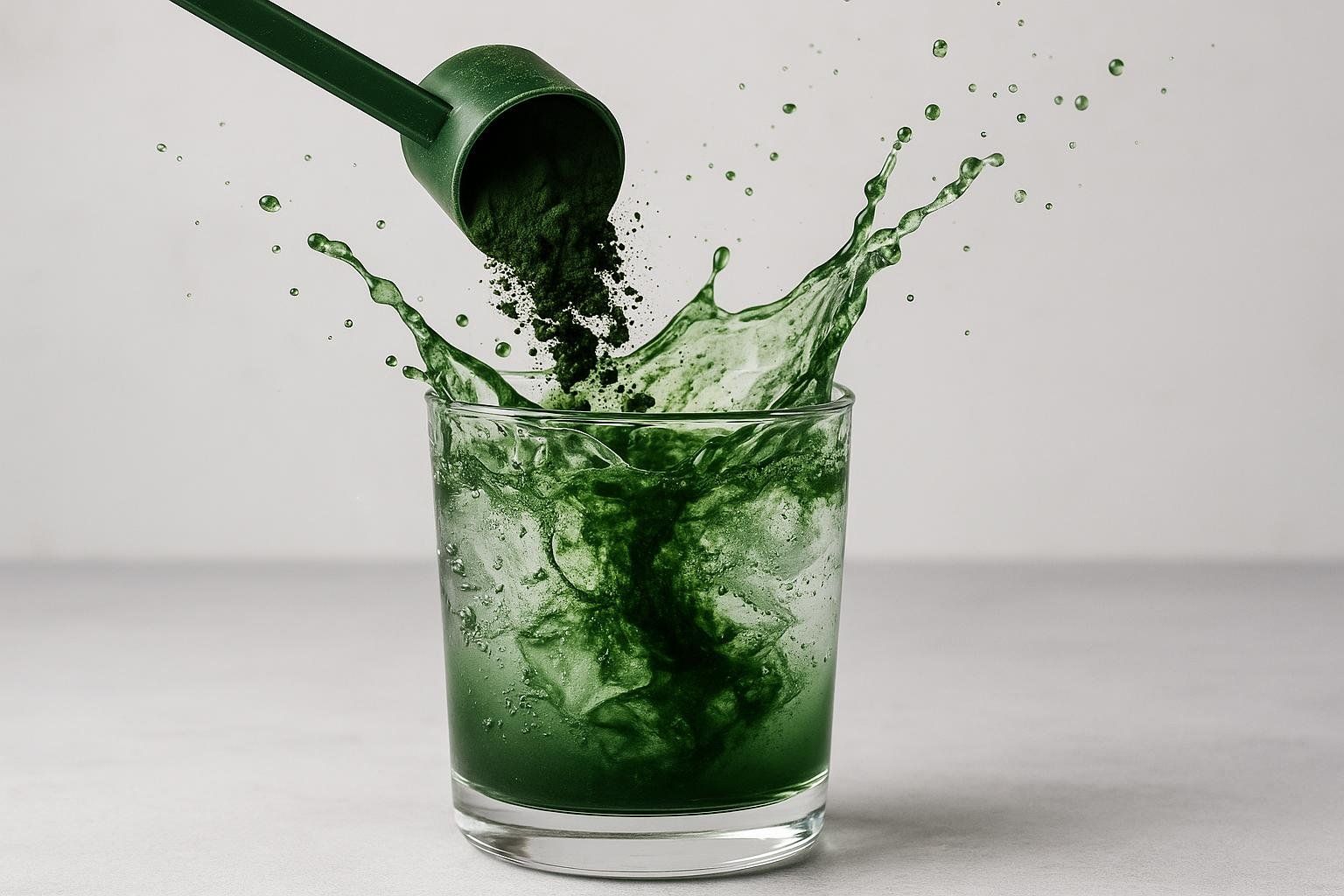 A green scoop pours green powder into a glass of water, causing a dynamic splash. The water is turning green as the powder mixes in.