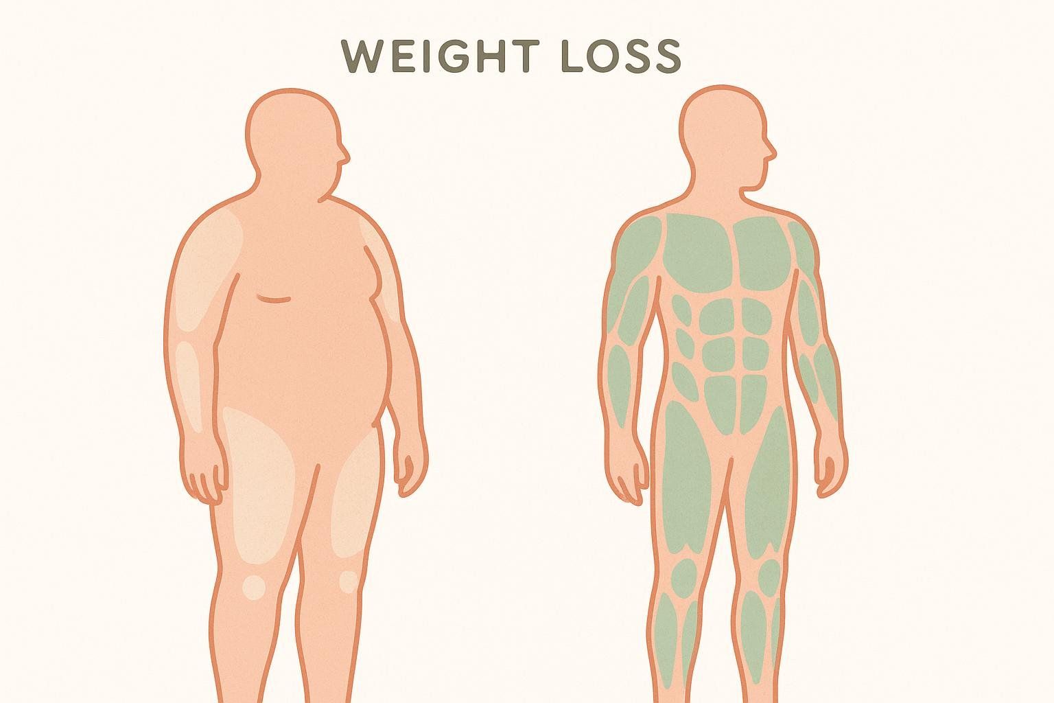 Illustration comparing two figures losing weight, one with collagen who preserves more muscle mass than the one without.