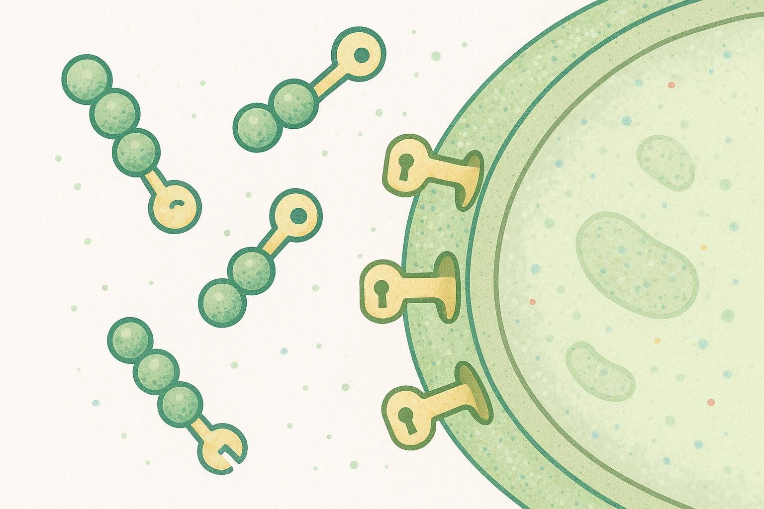 An illustration of key-shaped peptides fitting into lock-shaped receptors on a cell, symbolizing their targeted action.