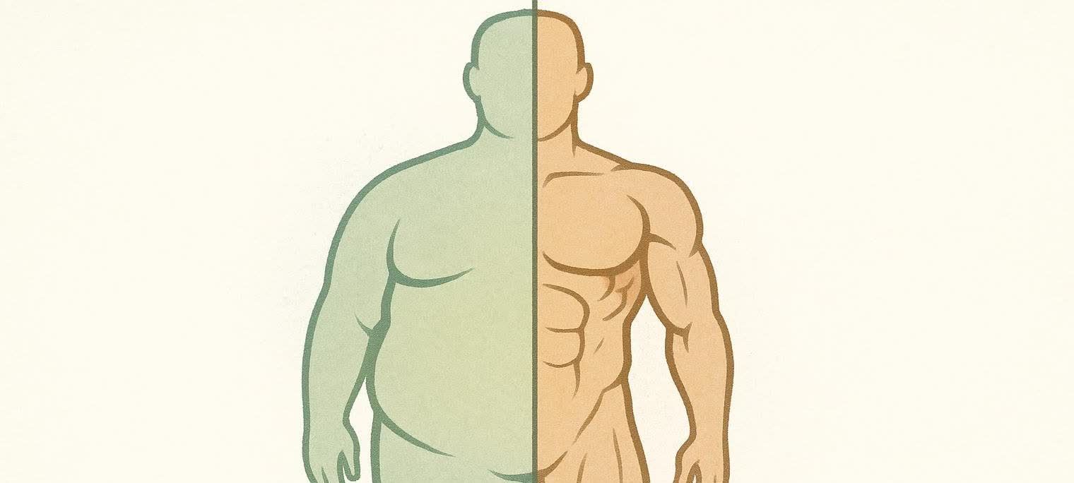 An illustration showing a person's body split down the middle. The left half depicts an overweight body with soft curves, while the right half shows a muscular and defined physique, symbolizing body recomposition.