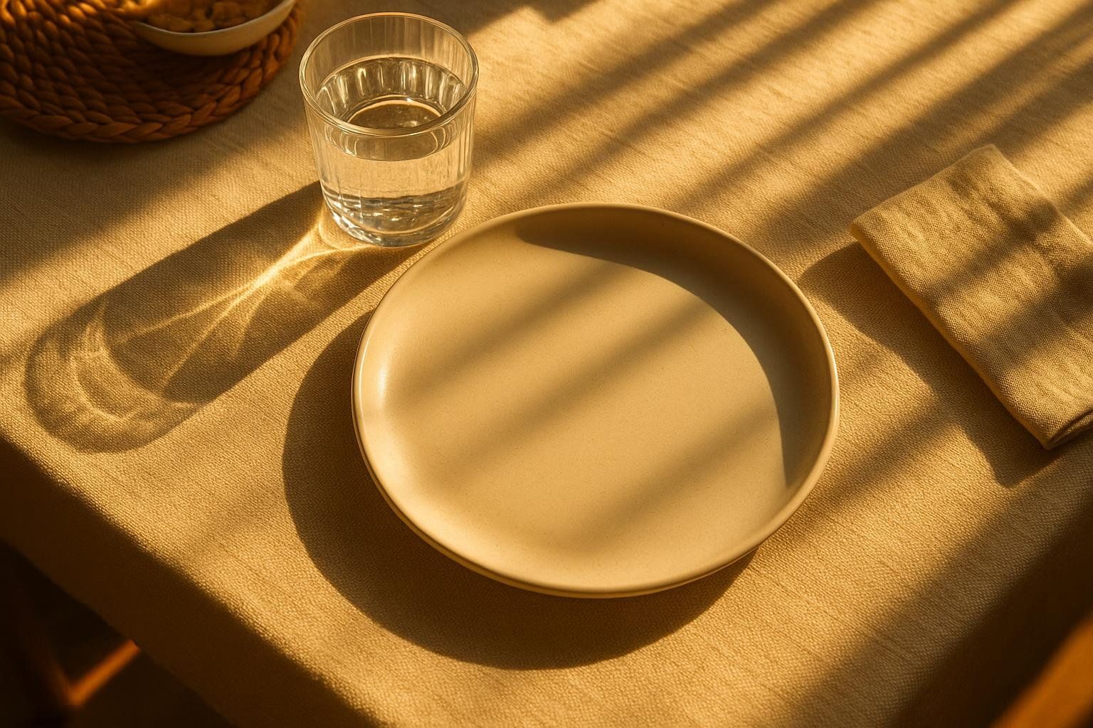 An empty plate and glass of water in morning sunlight.